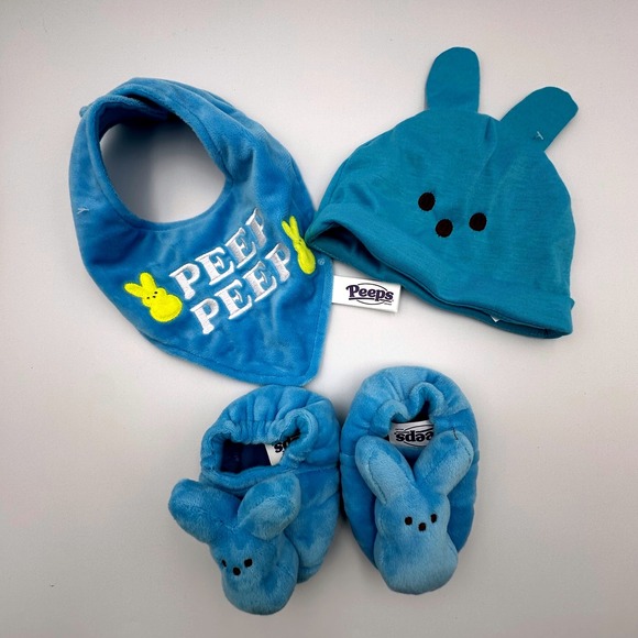 Peeps Baby Set Infant 3 piece Blue Hat Bib Booties - Picture 1 of 6